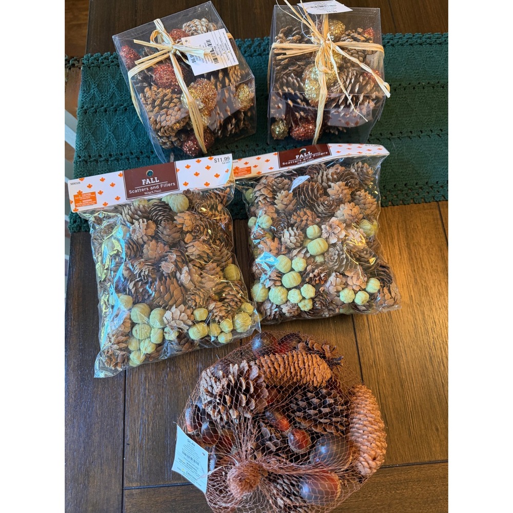 Fall Scatters and Fillers 5pc Set Pinecones Acorns Gold Sequins Autumn Decor